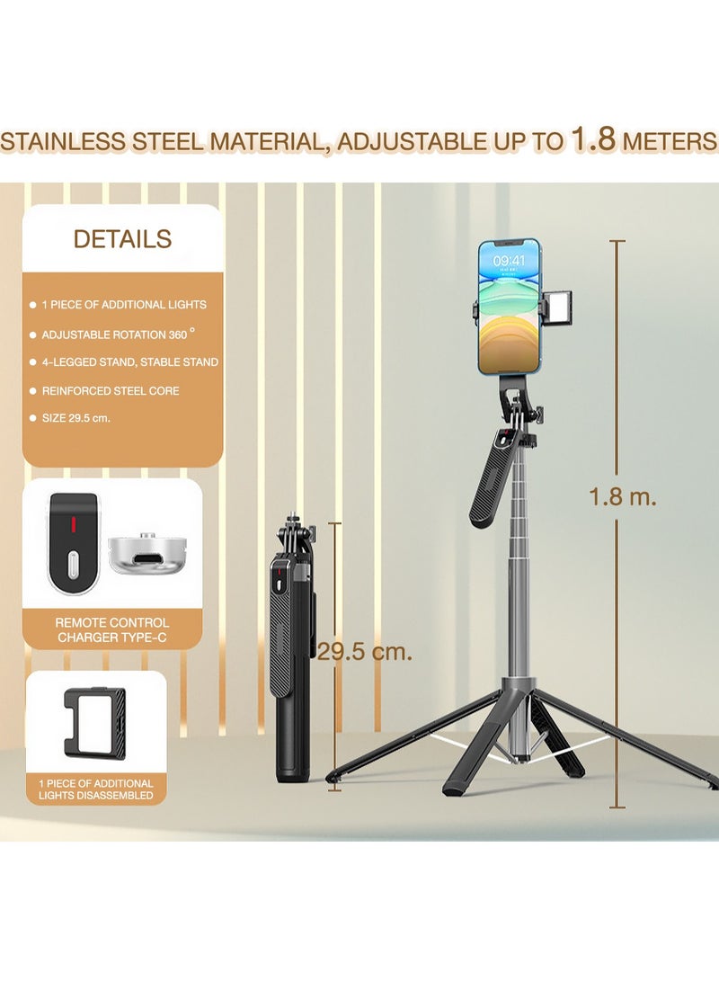 Selfie Stick with Wireless Bluetooth Remote, Portable Selfie Stick Tripod with Light, 1.8 m, Compatible with i Phone and Android Smartphones , P180 - Image 1