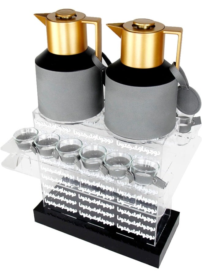 Lamsit Ibdaa - Coffee Thermo Flask – Tea Vacuum Pot - Heat Insulated Thermos – Arabic Carafe – Jug Dalla – Drink Cups – Square Acrylic Set (Grey, Tea & Coffee Set) - Image 1