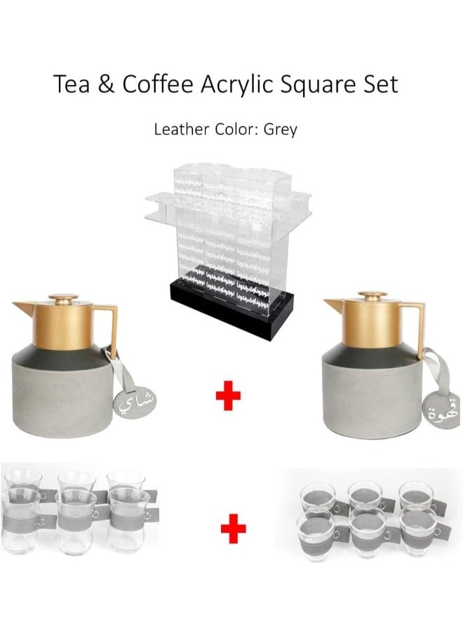 Lamsit Ibdaa - Coffee Thermo Flask – Tea Vacuum Pot - Heat Insulated Thermos – Arabic Carafe – Jug Dalla – Drink Cups – Square Acrylic Set (Grey, Tea & Coffee Set) - Image 1