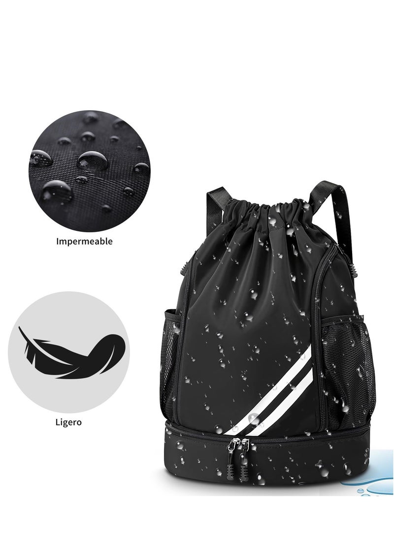 ساكن حقيبة رياضية بسحاب كبيرة السعة مقاس 43×31×14 سم، حقيبة ظهر من النايلون المقاوم للماء بها مكان مخصص للأحذية، شنطة رياضية خفيفة الوزن لكرة السلة وكرة القدم والسباحة والنادي والسفر، للرجال والنساء (أسود) - Image 4