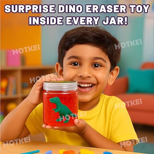 HOTKEI Red 200 gm Slime with Dinosaur Eraser Toy Inside for Kids 3 to 10 Years Kit Set Art Slime Dino Toys for Birthday Return Gift Toys for Kids Boys Girls Birthday 9-12 Year - Image 3