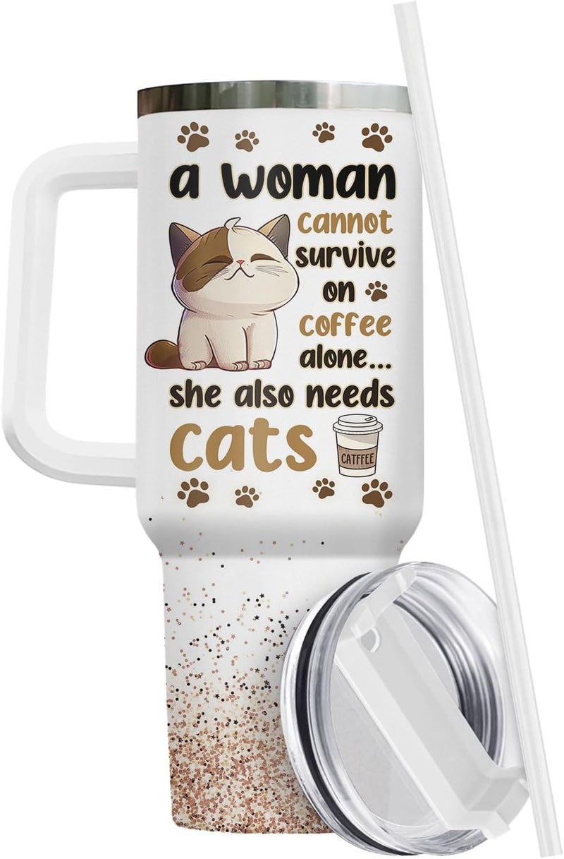 34HD Cat Lady Tumbler with Lid & Straw, 40oz Stainless Steel Vacuum Insulated Coffee Mug with Cats, Cute Kitty Gifts for Her Women, Cat Mom Gifts for Birthday Mothers Day Christmas - Image 2
