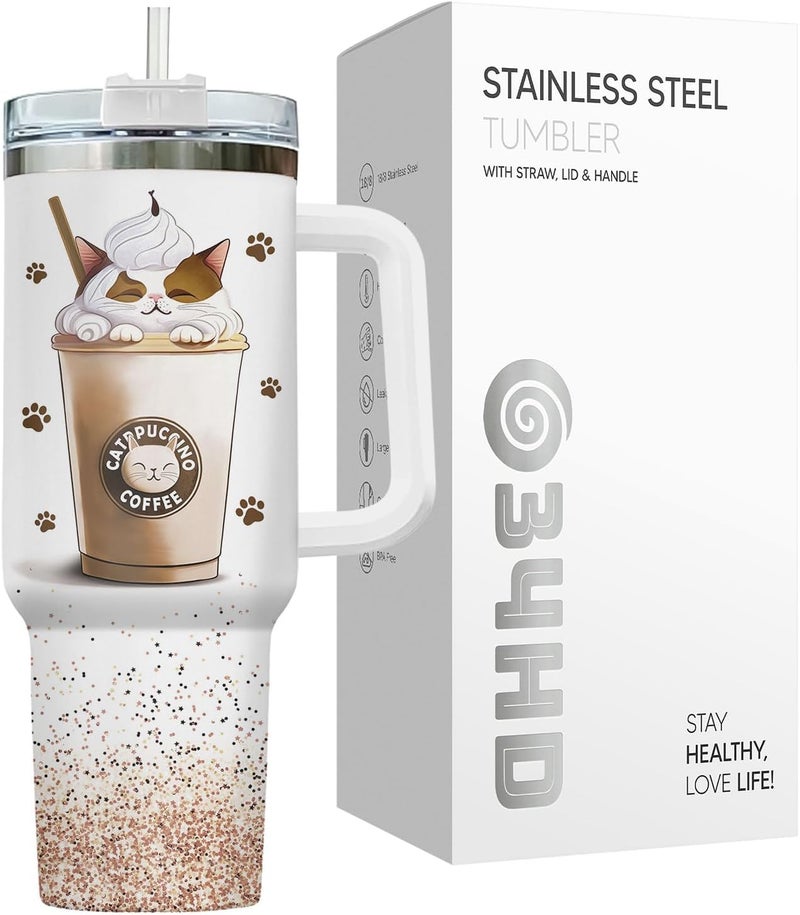 34HD Cat Lady Tumbler with Lid & Straw, 40oz Stainless Steel Vacuum Insulated Coffee Mug with Cats, Cute Kitty Gifts for Her Women, Cat Mom Gifts for Birthday Mothers Day Christmas - Image 3