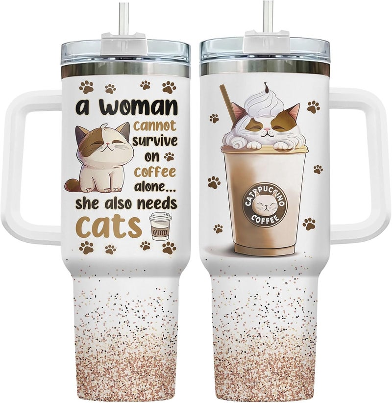 34HD Cat Lady Tumbler with Lid & Straw, 40oz Stainless Steel Vacuum Insulated Coffee Mug with Cats, Cute Kitty Gifts for Her Women, Cat Mom Gifts for Birthday Mothers Day Christmas - Image 1