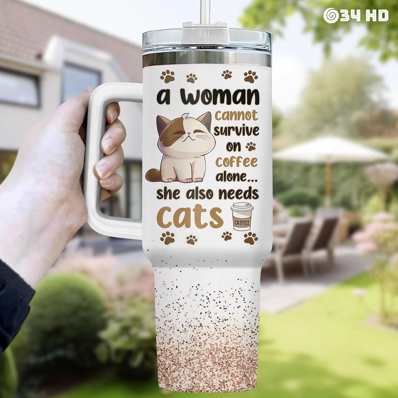 34HD Cat Lady Tumbler with Lid & Straw, 40oz Stainless Steel Vacuum Insulated Coffee Mug with Cats, Cute Kitty Gifts for Her Women, Cat Mom Gifts for Birthday Mothers Day Christmas - Image 5