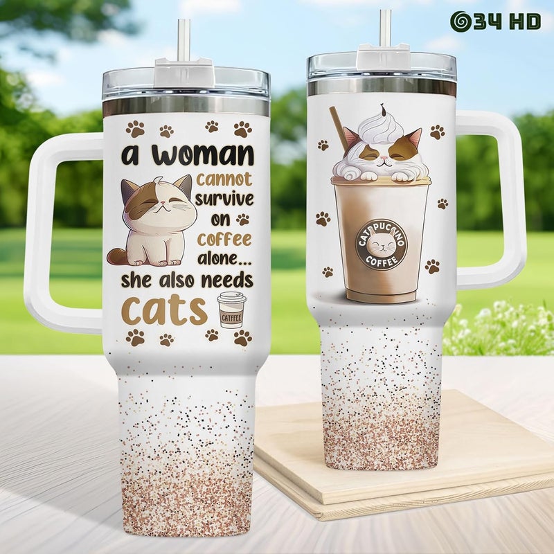 34HD Cat Lady Tumbler with Lid & Straw, 40oz Stainless Steel Vacuum Insulated Coffee Mug with Cats, Cute Kitty Gifts for Her Women, Cat Mom Gifts for Birthday Mothers Day Christmas - Image 4