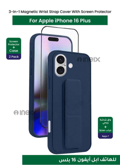 3-in-1 Magnetic Wrist Strap Hand Grip Stand Back Case Cover with Full BodyTempered Glass Screen Protector For Apple iPhone 16 Plus-Navy Blue