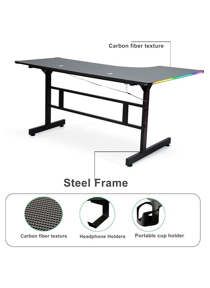 Multi Home Furniture L-Shaped MH-131-BLACK Gaming Desk 160x60x76cm – Carbon Fiber Texture, RGB Lights, Sturdy Steel Frame, Ergonomic Gaming Table with Headphone & Cup Holders  - Image 3