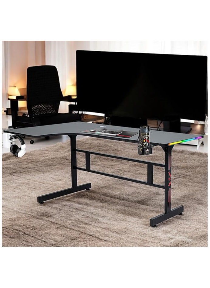 Multi Home Furniture L-Shaped MH-131-BLACK Gaming Desk 160x60x76cm – Carbon Fiber Texture, RGB Lights, Sturdy Steel Frame, Ergonomic Gaming Table with Headphone & Cup Holders  - Image 1