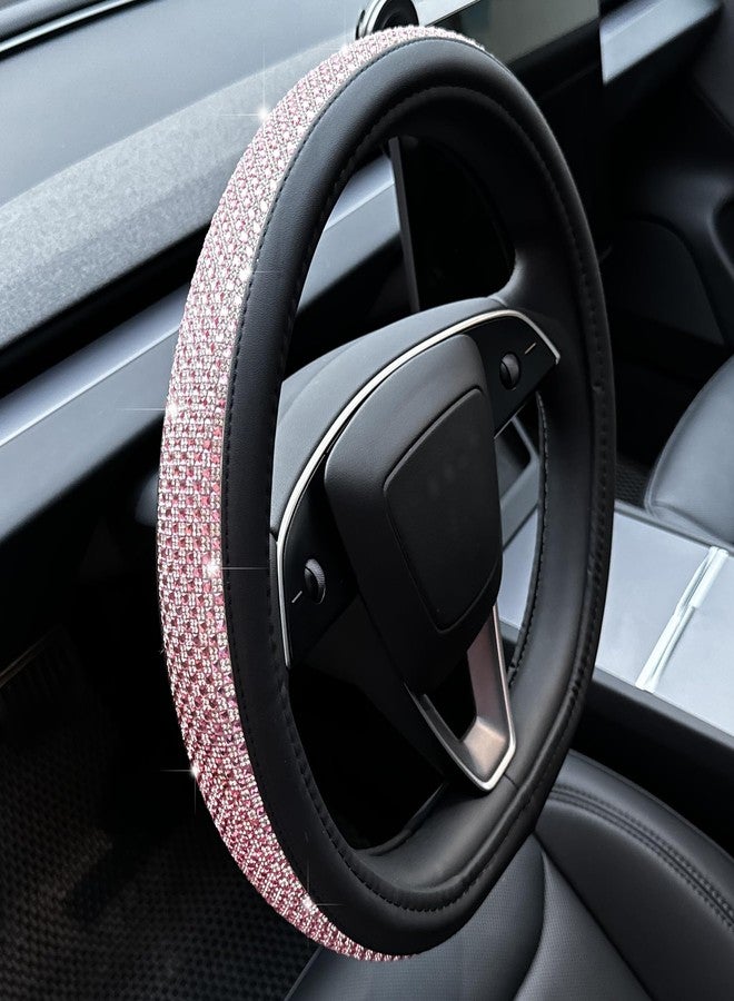 PINCTROT Bling Comfy Steering Wheel Cover for Tesla Model Y / 3, for Camaro, D Shaped 14 Inch Small Sized with Jumbo Crystal Rhinestones, Flat Bottom with Anti-Slip Diamond Leather (Pink) - Image 1