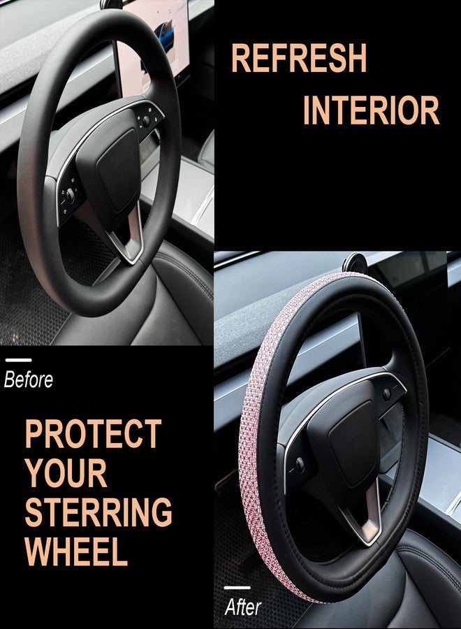 PINCTROT Bling Comfy Steering Wheel Cover for Tesla Model Y / 3, for Camaro, D Shaped 14 Inch Small Sized with Jumbo Crystal Rhinestones, Flat Bottom with Anti-Slip Diamond Leather (Pink) - Image 4