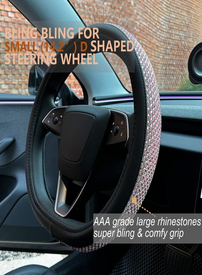 PINCTROT Bling Comfy Steering Wheel Cover for Tesla Model Y / 3, for Camaro, D Shaped 14 Inch Small Sized with Jumbo Crystal Rhinestones, Flat Bottom with Anti-Slip Diamond Leather (Pink) - Image 2