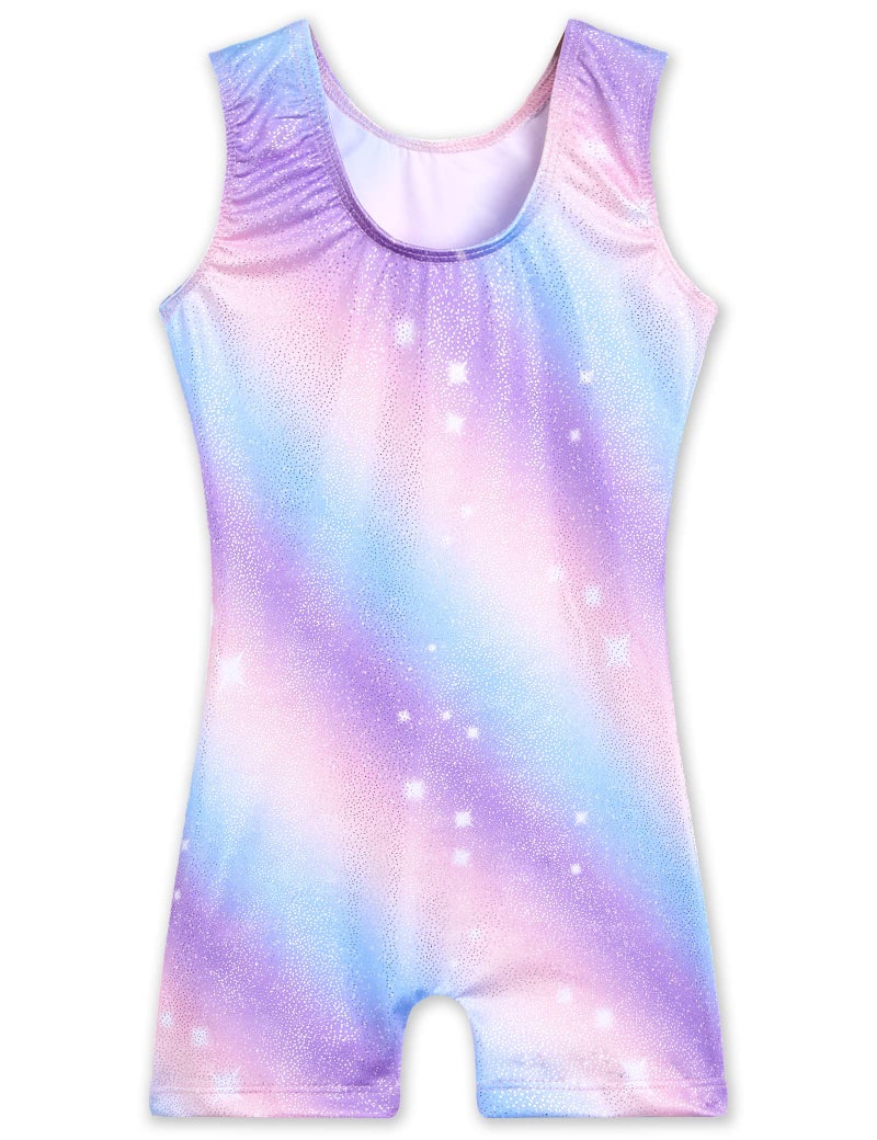 TENVDA Biketards for Girls Gymnastics Leotards with Shorts Size 6-7 Years Old Sparkly Purple Stripe Printed Tank Unitard - Image 2