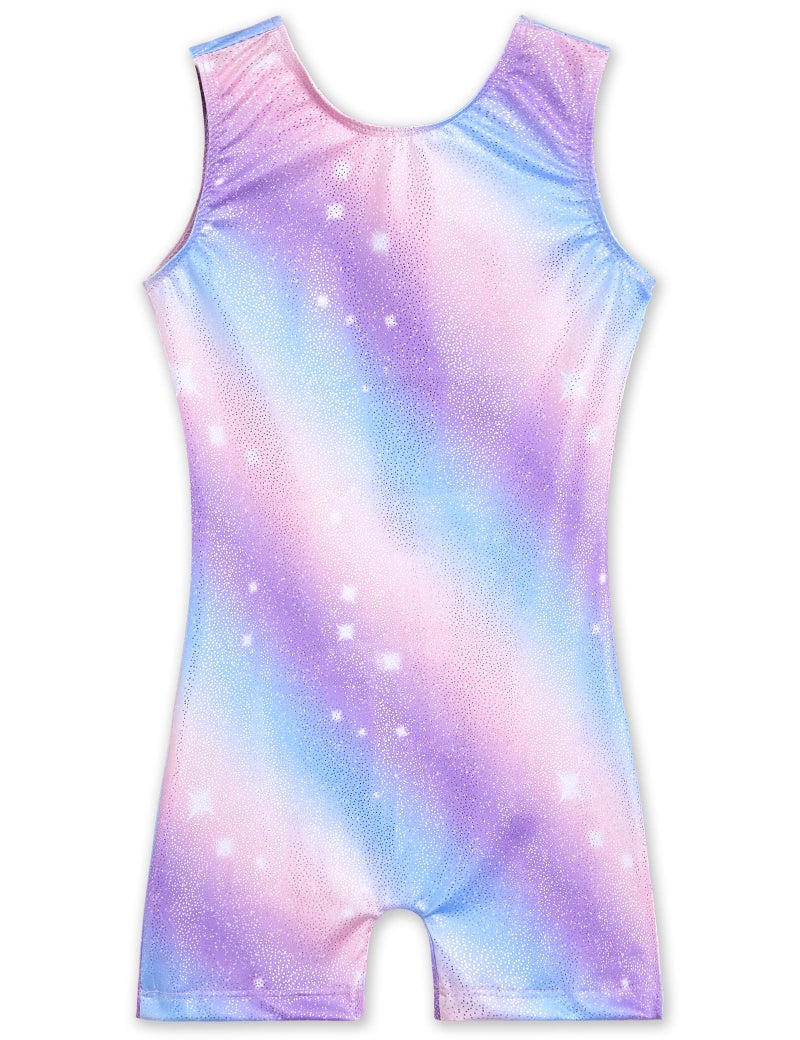 TENVDA Biketards for Girls Gymnastics Leotards with Shorts Size 6-7 Years Old Sparkly Purple Stripe Printed Tank Unitard - Image 1