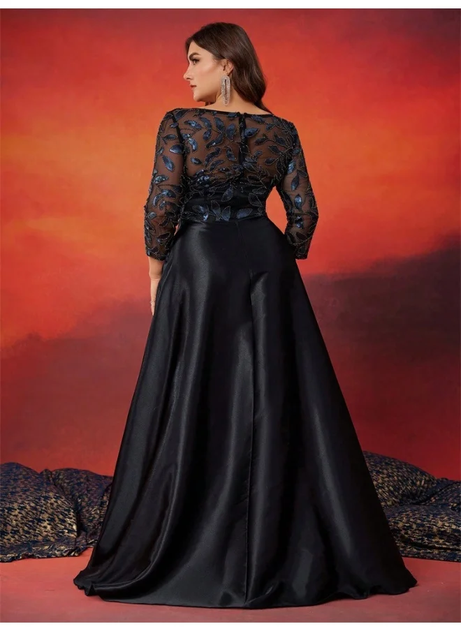 Madam Uniq Plus Size Black Sequin Embroidered Panel Long Sleeve A-Line Evening Dress