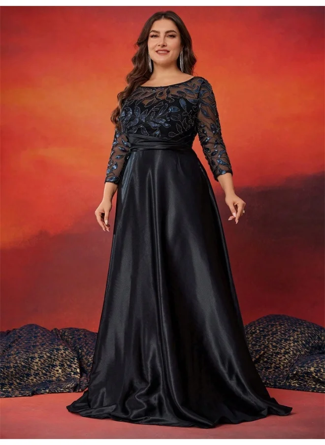 Madam Uniq Plus Size Black Sequin Embroidered Panel Long Sleeve A-Line Evening Dress
