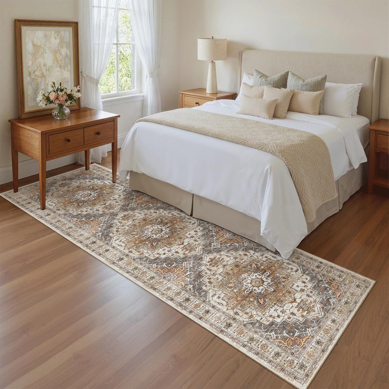 Madane Runner Rug 2x8, Washable Hallway Runner Rugs, Non-Slip Low-Pile Soft Kitchen Rug Runner Laundry Room Rug, Vintage Throw Entry Foyer Mat for Entrance Living Room (Turmeric/Grey, 2 x 8) - Image 4