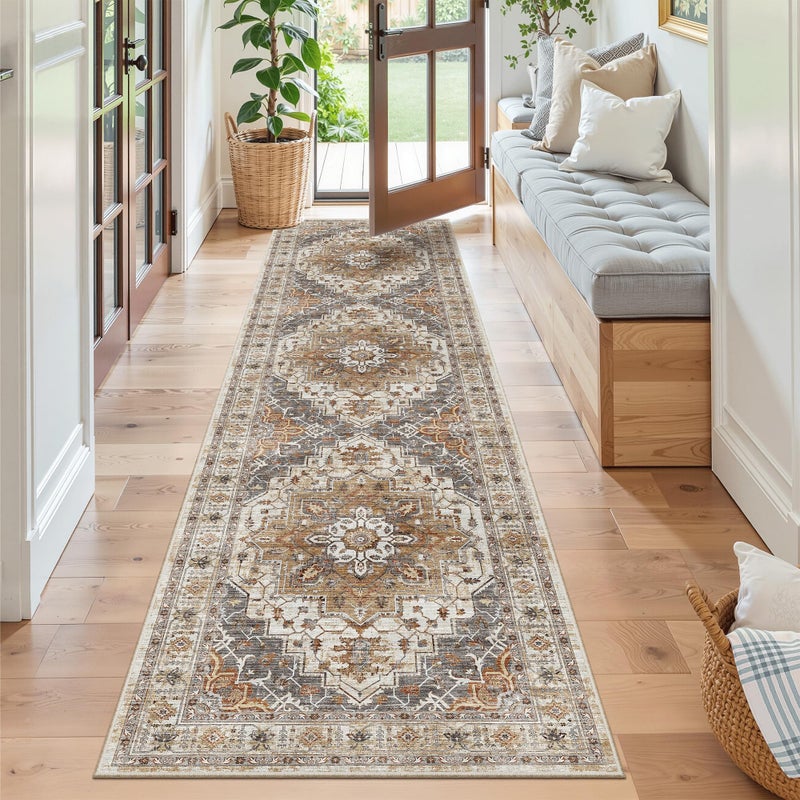 Madane Runner Rug 2x8, Washable Hallway Runner Rugs, Non-Slip Low-Pile Soft Kitchen Rug Runner Laundry Room Rug, Vintage Throw Entry Foyer Mat for Entrance Living Room (Turmeric/Grey, 2 x 8) - Image 3