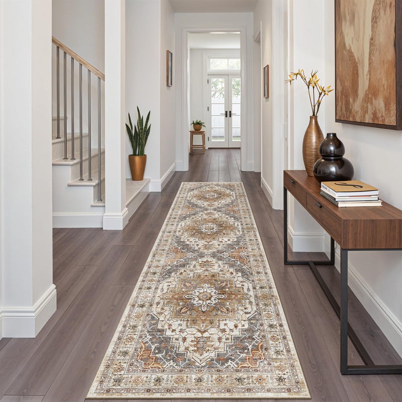 Madane Runner Rug 2x8, Washable Hallway Runner Rugs, Non-Slip Low-Pile Soft Kitchen Rug Runner Laundry Room Rug, Vintage Throw Entry Foyer Mat for Entrance Living Room (Turmeric/Grey, 2 x 8) - Image 1