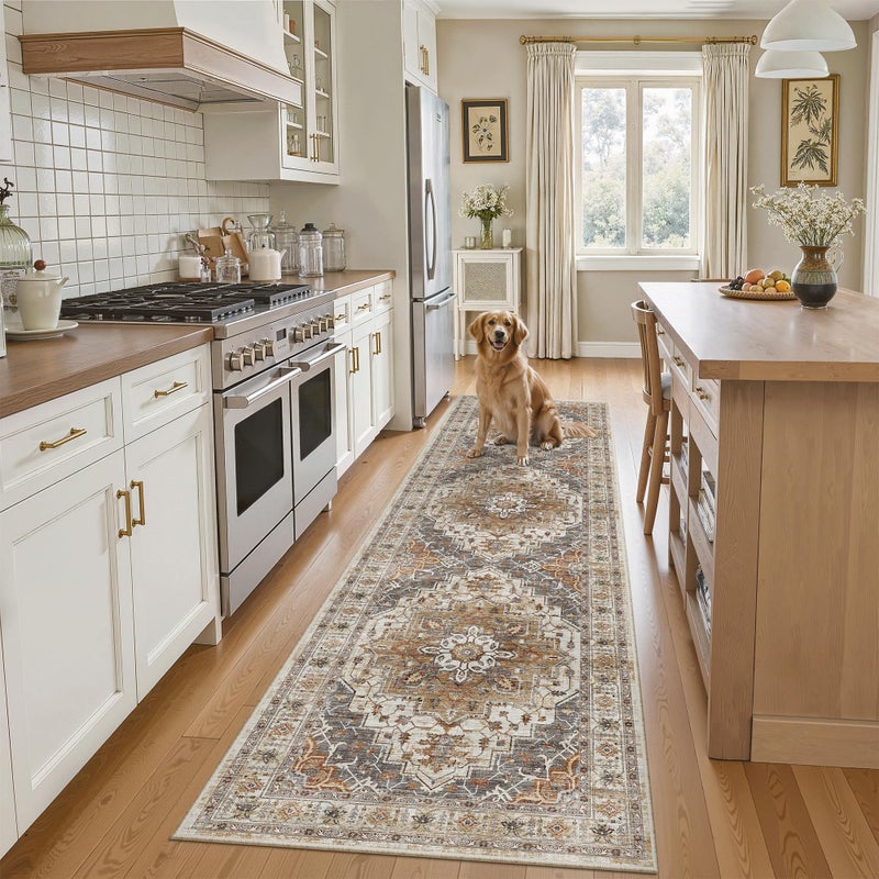 Madane Runner Rug 2x8, Washable Hallway Runner Rugs, Non-Slip Low-Pile Soft Kitchen Rug Runner Laundry Room Rug, Vintage Throw Entry Foyer Mat for Entrance Living Room (Turmeric/Grey, 2 x 8) - Image 2