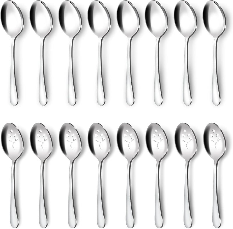 BEWOS 16-Piece Serving Spoons Set - Set of 8 Serving Spoons, Set of 8 Slotted Spoons, 9.1-Inch Utensils Set for Parties, Stainless Steel, Dishwasher Safe, Large Spoon For Buffet - Image 1