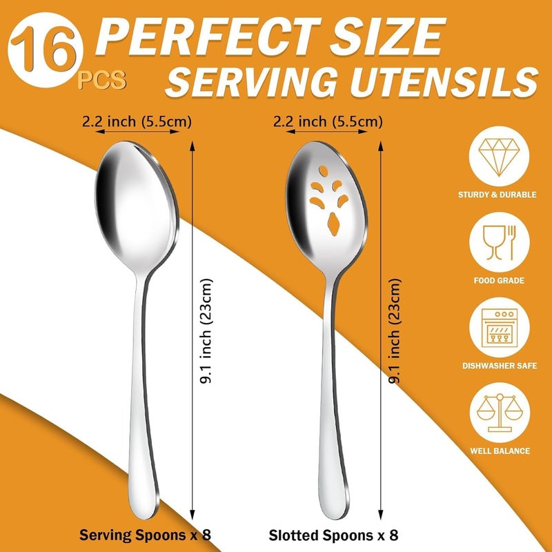 BEWOS 16-Piece Serving Spoons Set - Set of 8 Serving Spoons, Set of 8 Slotted Spoons, 9.1-Inch Utensils Set for Parties, Stainless Steel, Dishwasher Safe, Large Spoon For Buffet - Image 2