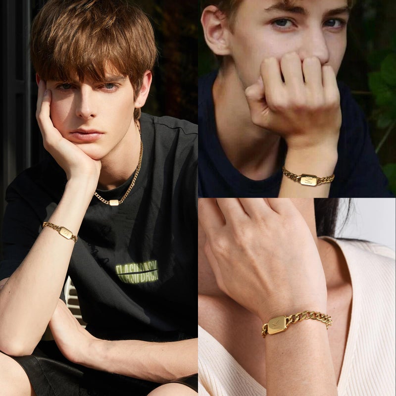 VNOX Gold Initial Bracelet - Mens Gold Plated Stainless Steel Cuban Link Chain Bracelet, Letter Custom Initial Bracelet for Men, Teen, Birthday & Christmas Gifts - Image 4