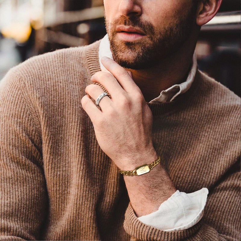 VNOX Gold Initial Bracelet - Mens Gold Plated Stainless Steel Cuban Link Chain Bracelet, Letter Custom Initial Bracelet for Men, Teen, Birthday & Christmas Gifts - Image 3