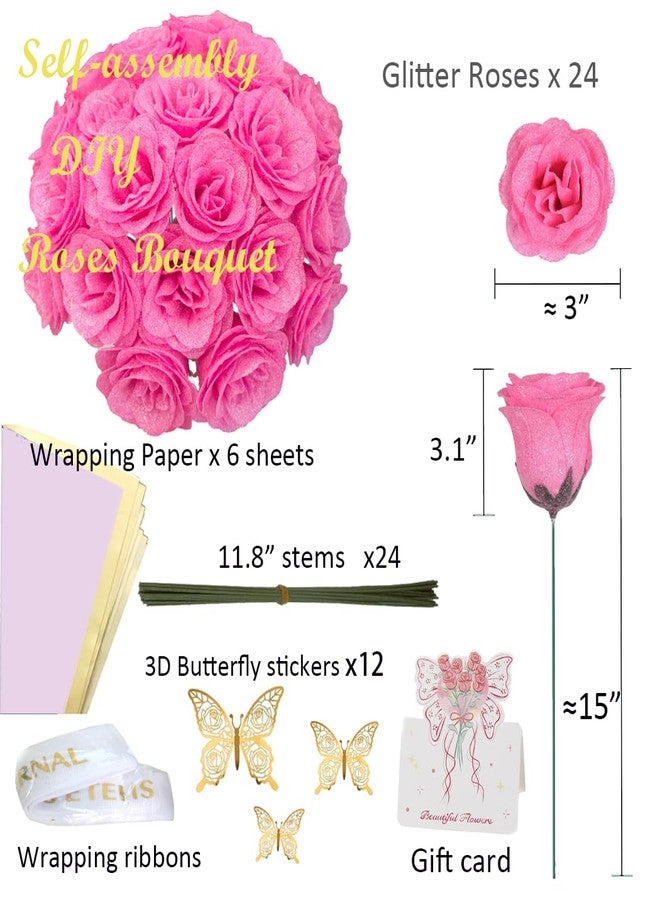 Greenke Pink Glitter Roses Flowers with Butterfly DIY Artificial Rose Flowers Bouquet Rose Gifts for Mothers Day Valentine Anniversary Birthday Gift for Women Wedding Decoration - Image 2