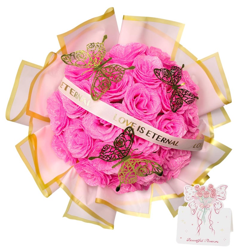 Greenke Pink Glitter Roses Flowers with Butterfly DIY Artificial Rose Flowers Bouquet Rose Gifts for Mothers Day Valentine Anniversary Birthday Gift for Women Wedding Decoration - Image 1