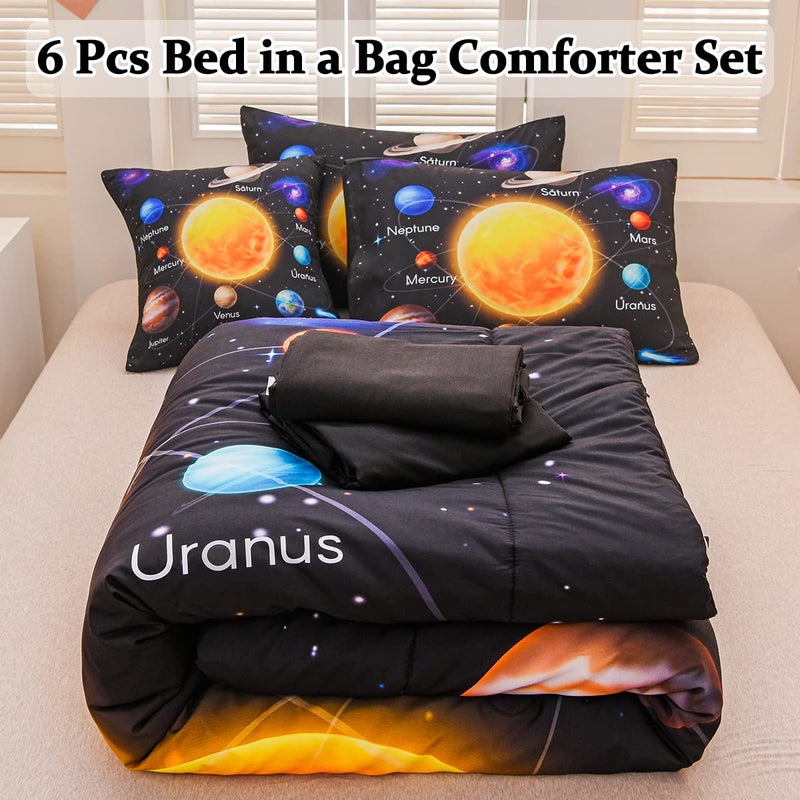 Tasselily 6 Pcs Bed in A Bag Twin Comforter Set for Boys, Solar System Universe Planet Comforter, Space Bedding Sets with Sheets for Kids - Image 2