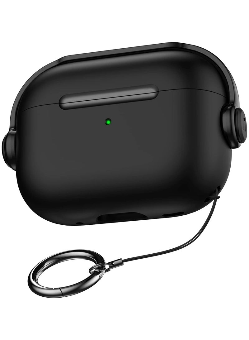 Case for Airpods Pro 2 Protective Case (With Closure Lid) (Front LED Visible) (With Wrist Strap) Skin Case Compatible with 2022 Airpods Pro 2nd Generation (Black) - Image 1