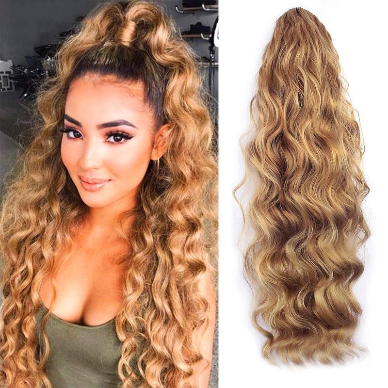 KETHBE KETHBE 24 Inch Long Body Wave Ponytail hair Extension Synthetic Heat Resistant Wrap Around Drawstring Curly Wavy Ponytail Hairpieces for WomenBlonde Mix Brown 