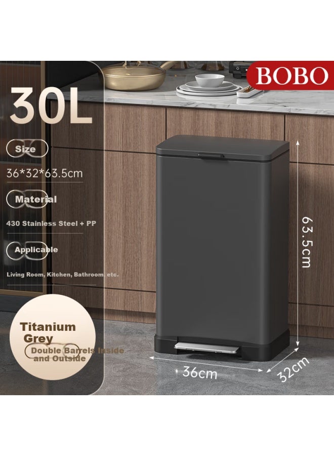Bobo Stainless Steel Kitchen Trash Can, 30l, Titanium Gray, Foot-operated, With Lid, For Living Room, Office, Home Use, 8858 - Image 1
