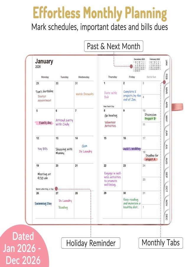Forvencer Pocket Planner 2026, Weekly Monthly Planners with Month Tabs for Purse, 3.5" x 6", Jan 2026-Dec 2026, Cute Small Daily Academic Calendar, Elastic Band, Hardcover Agenda for Women, Teacher - Image 2