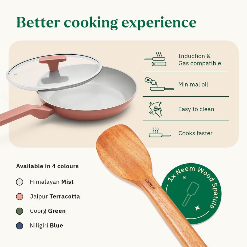 Ember Cookware Arcilla Ceramic Frying Pan 24cm | Non Stick Cookware | Non Toxic Pan with Glass Lid |ISI Certified |Ceramic Fry Pan for Cooking 1x Spatula PFAS & PTFE Free | Induction Safe | Terracotta - Image 3