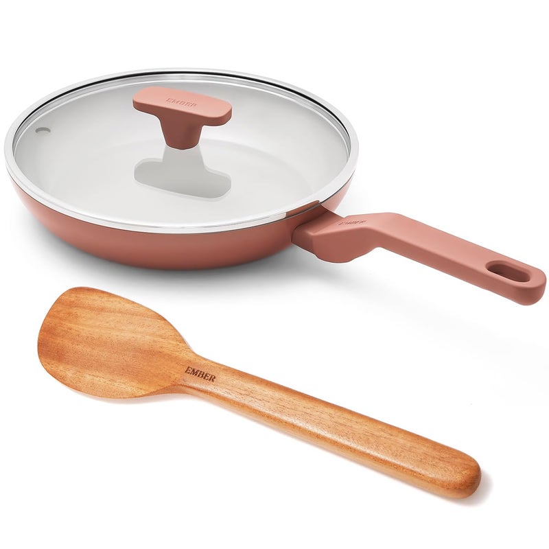 Ember Cookware Arcilla Ceramic Frying Pan 24cm | Non Stick Cookware | Non Toxic Pan with Glass Lid |ISI Certified |Ceramic Fry Pan for Cooking 1x Spatula PFAS & PTFE Free | Induction Safe | Terracotta - Image 1