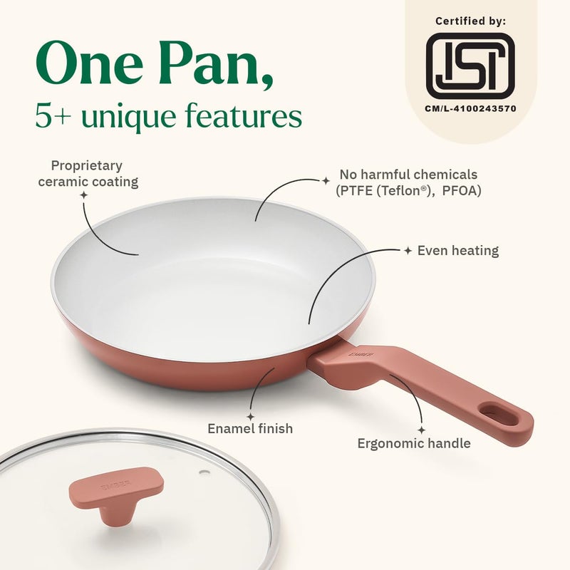 Ember Cookware Arcilla Ceramic Frying Pan 24cm | Non Stick Cookware | Non Toxic Pan with Glass Lid |ISI Certified |Ceramic Fry Pan for Cooking 1x Spatula PFAS & PTFE Free | Induction Safe | Terracotta - Image 2