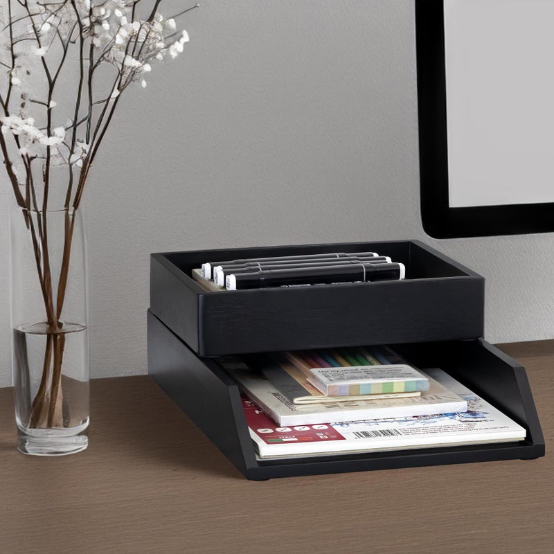 Demigo Desk Organizer Letter Tray Set of 2, Acacia Wood Tabletop Desktop for Storage Paper Letter Folders Notebooks Copy Print, Workspace Holder, Keep Stationery Saver (Black) - Image 5