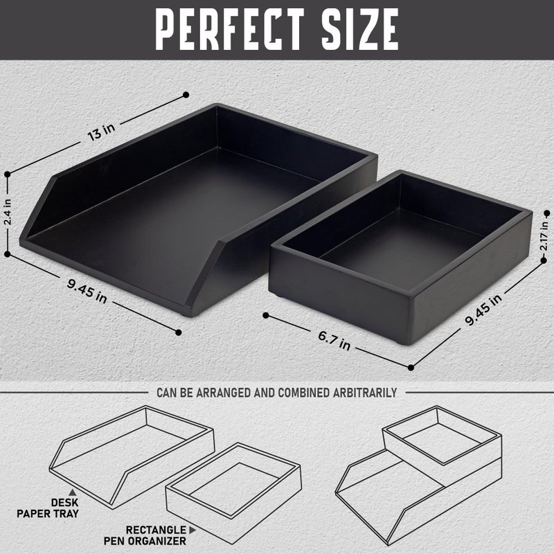 Demigo Desk Organizer Letter Tray Set of 2, Acacia Wood Tabletop Desktop for Storage Paper Letter Folders Notebooks Copy Print, Workspace Holder, Keep Stationery Saver (Black) - Image 2