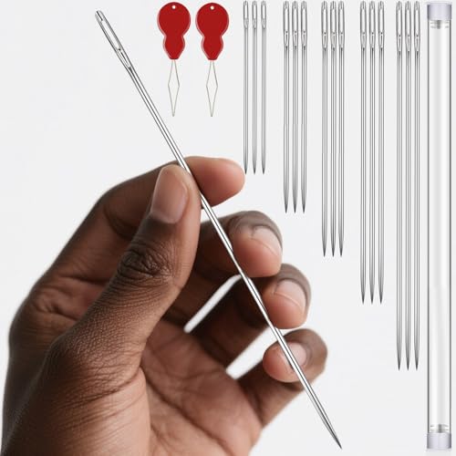 JollMono Long Sewing Needles, 15 Pcs & 5 Sizes Stitching Needles, Hand Sewing Needles for Stitching and Crafting Projects, Carpet, Cushion, Curtain, Quilting Needles Large Eye with 2 Needle Threaders - Image 1