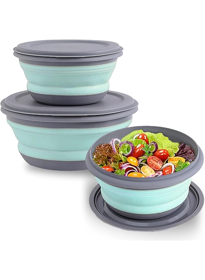 PROMASS Collapsible Bowls, 3Pcs Food Grade Silicone Camping Bowl Salad Bowl With Lids, Portable Expandable Lunch Box Food Storage Container For Camping Travel And Picnic