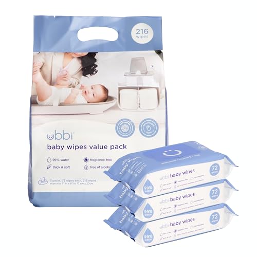 Ubbi Fragrance-Free Baby Wipes, 99% Water Based, Plant Based Wipes, Hypoallergenic for Sensitive Skin with Chamomile, Vitamin E & Aloe, EWG Verified, Value Pack, 3 Pack (216 Wipes Total) - Image 1