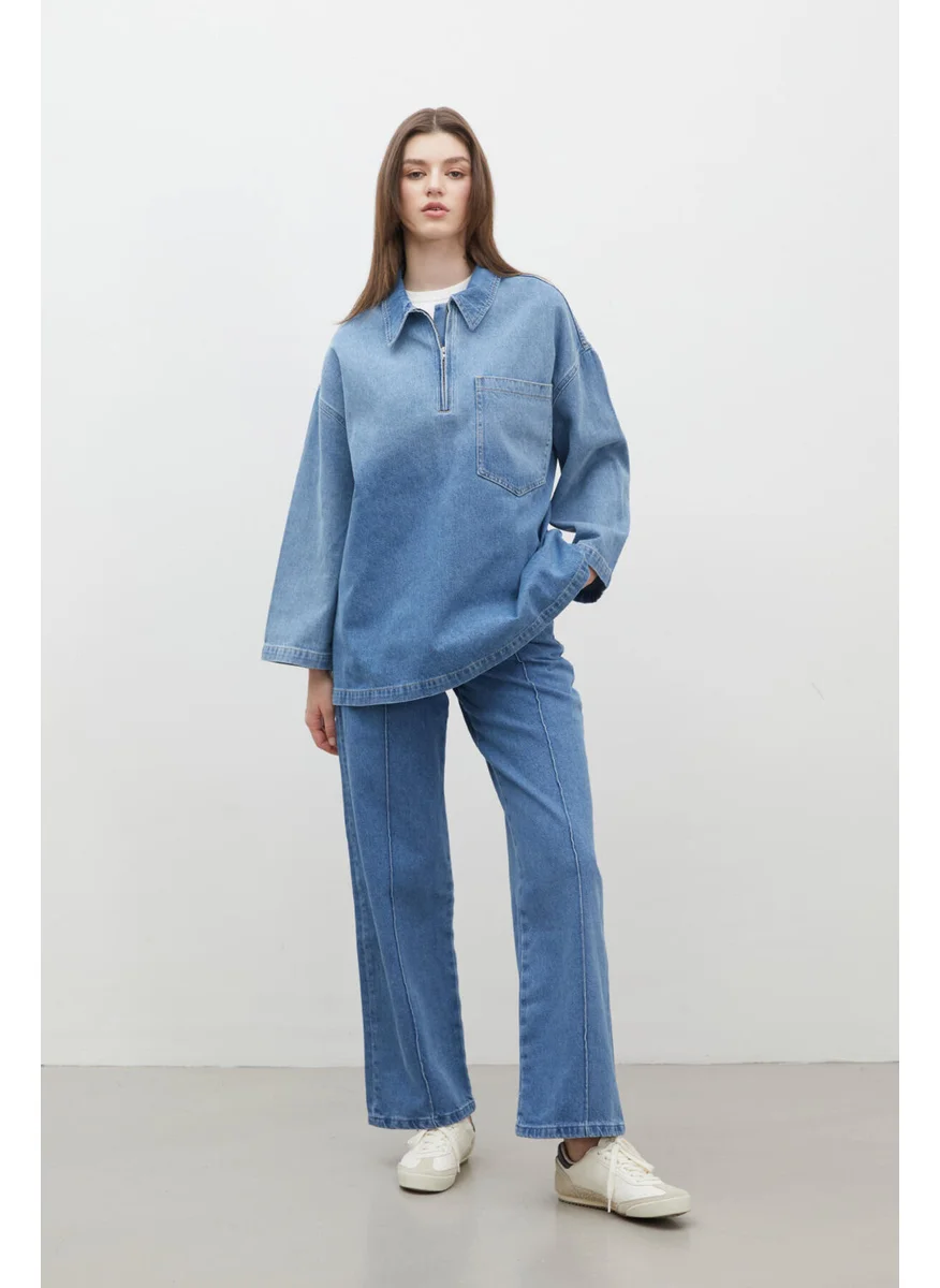 Manuka Stitching Detailed Straight Denim Trousers Blue