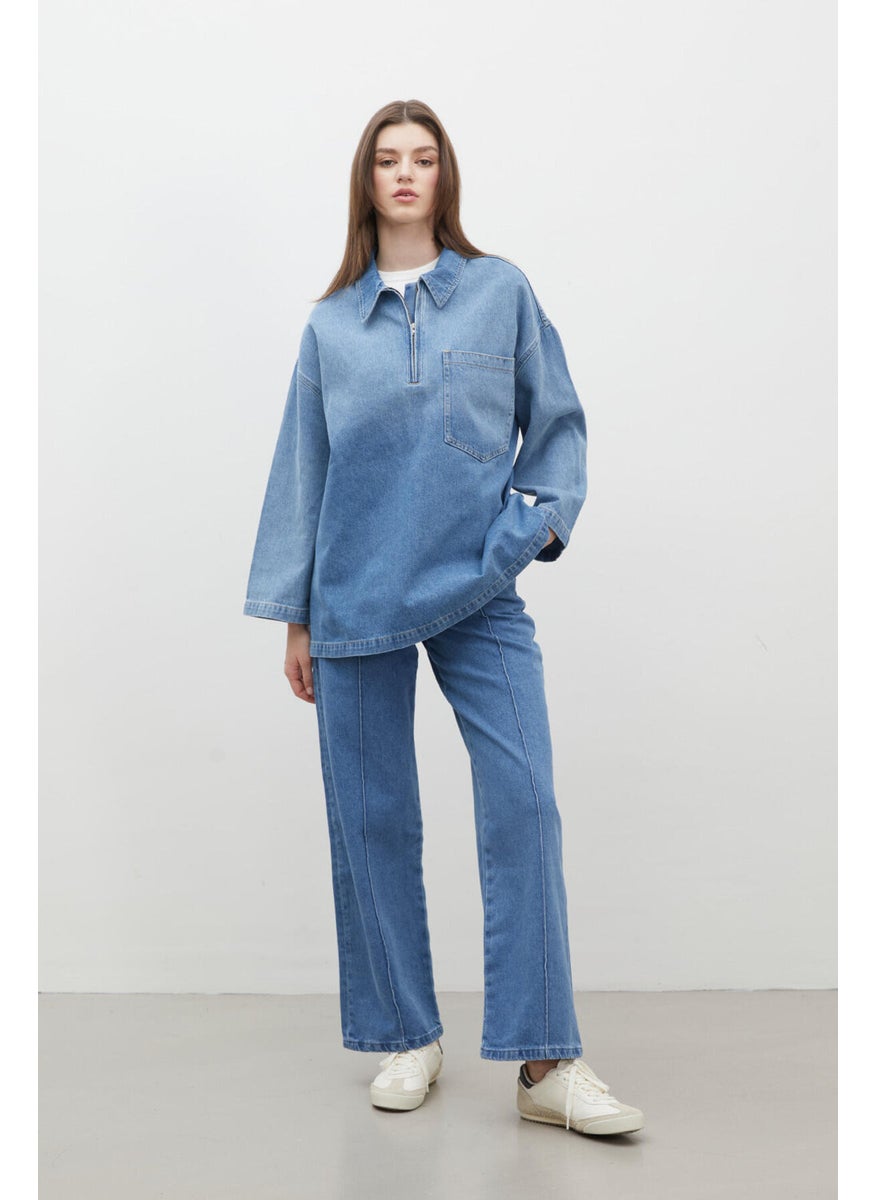 Manuka Stitching Detailed Straight Denim Trousers Blue  - Image 1