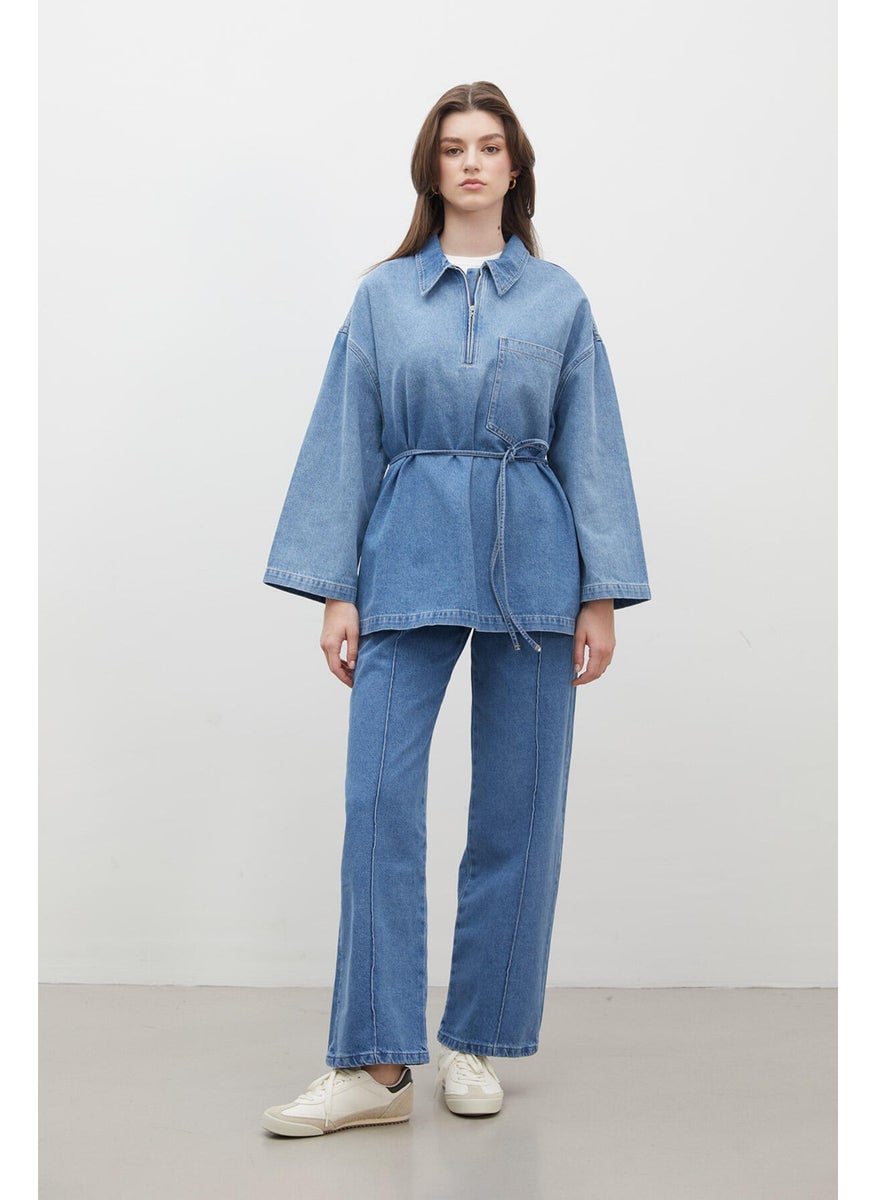 Manuka Stitching Detailed Straight Denim Trousers Blue  - Image 5