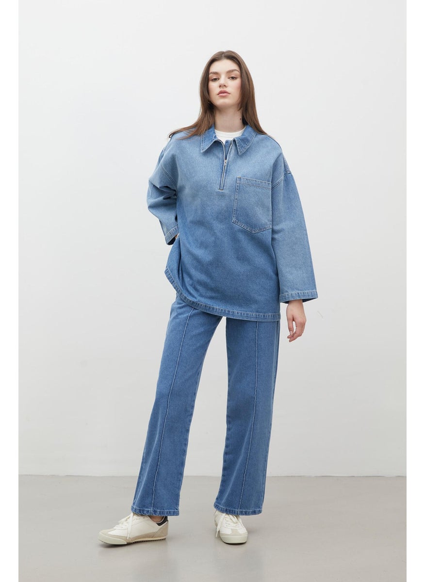 Manuka Stitching Detailed Straight Denim Trousers Blue  - Image 3