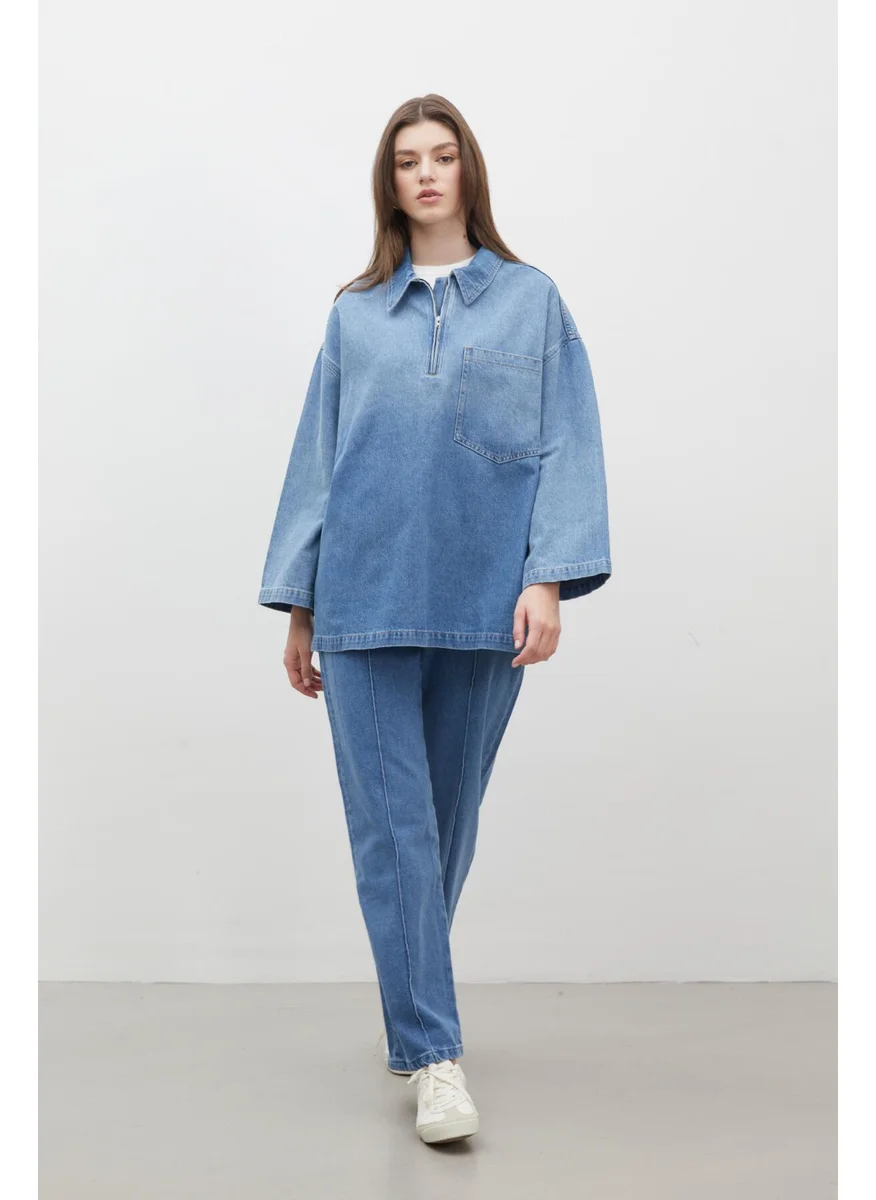 Manuka Stitching Detailed Straight Denim Trousers Blue