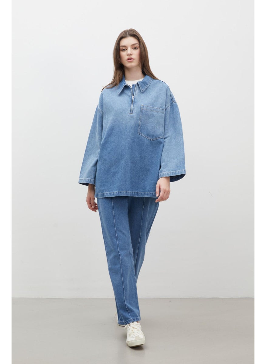 Manuka Stitching Detailed Straight Denim Trousers Blue  - Image 2