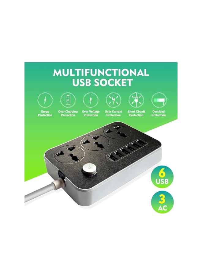 PROMASS Power Strips Extension Cord 3 Outlets, Power Socket with 6 USB Ports Universal Charging Socket with 2M Bold Extension Cord - Image 2